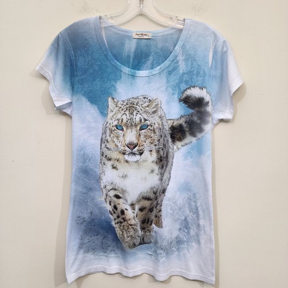 Sweet Gisele jeweled snow leopard print short sleeve shirt woman's size small - Picture 1 of 10